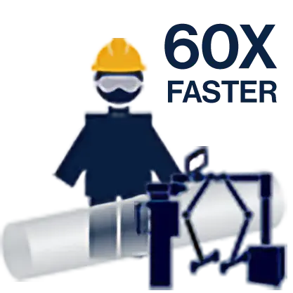 Illustration of a technician standing near insulated piping with the OpenVision HD RTR X-ray system. Text says 60X Faster