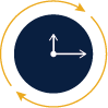 Illustration of a clock in blue with gold arrows indicating that you can screen for CUI 24 hours a day 7 days a week without interrupting operations.